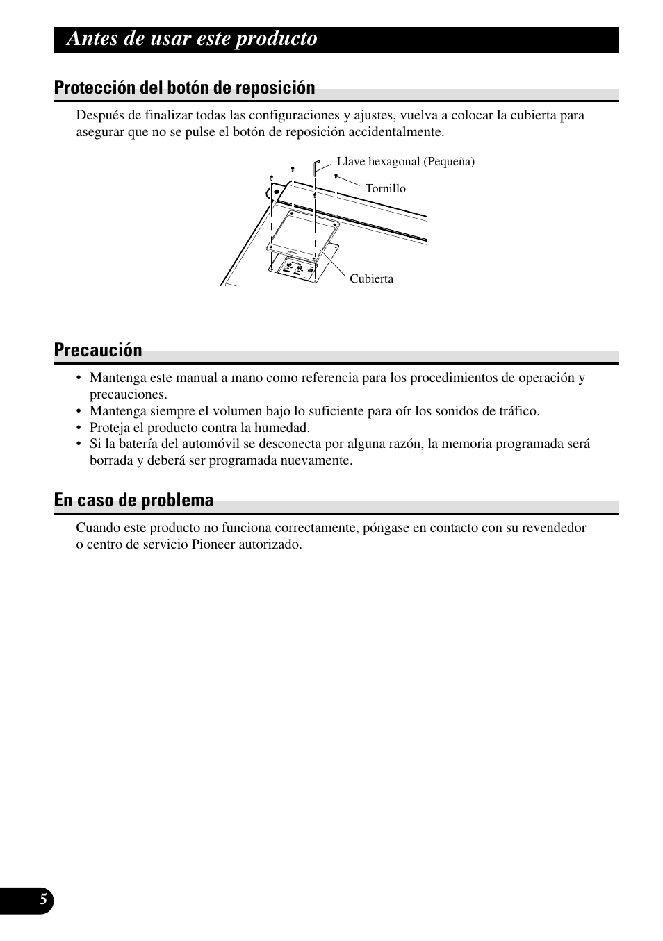 Antes de usar este producto, Protección del botón de reposición, Precaución | En caso de problema | Pioneer RS-A7 User Manual | Page 26 / 142