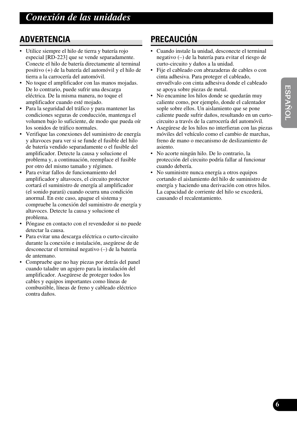 Conexión de las unidades, Advertencia precaución, Advertencia | Precaución | Pioneer RS-A7 User Manual | Page 27 / 142