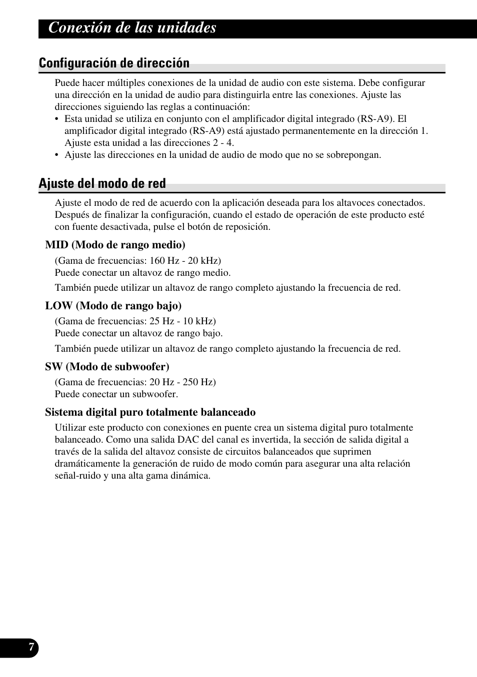 Configuración de dirección ajuste del modo de red, Conexión de las unidades, Configuración de dirección | Ajuste del modo de red | Pioneer RS-A7 User Manual | Page 28 / 142