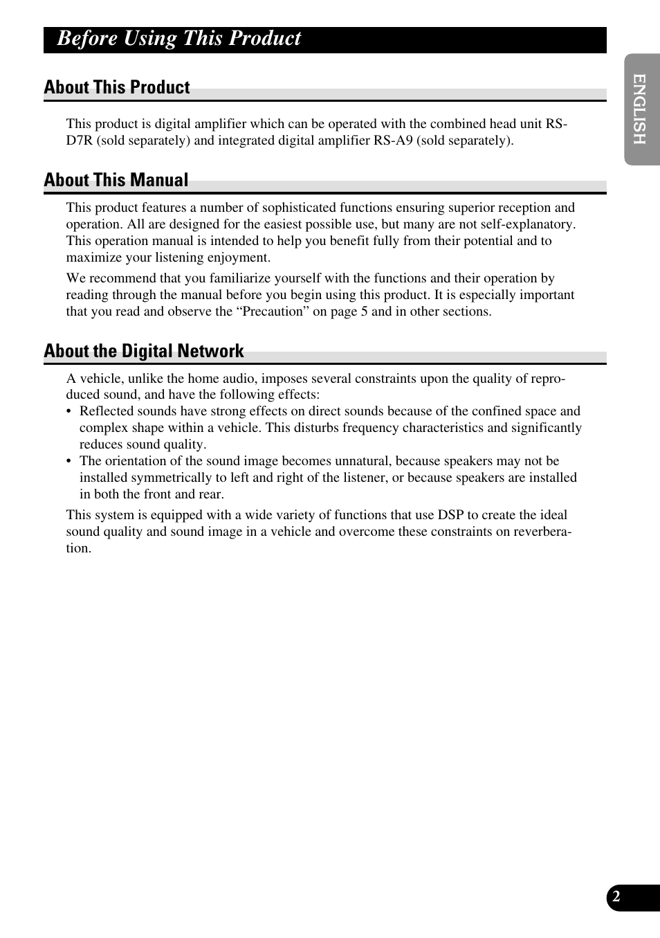 Before using this product, About this product, About this manual | About the digital network | Pioneer RS-A7 User Manual | Page 3 / 142