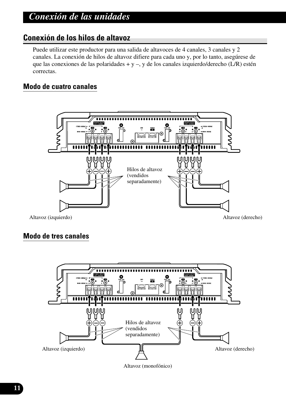 Conexión de los hilos de altavoz, Modo de cuatro canales, Modo de tres canales | Conexión de las unidades, Modo de cuatro canales modo de tres canales | Pioneer RS-A7 User Manual | Page 32 / 142