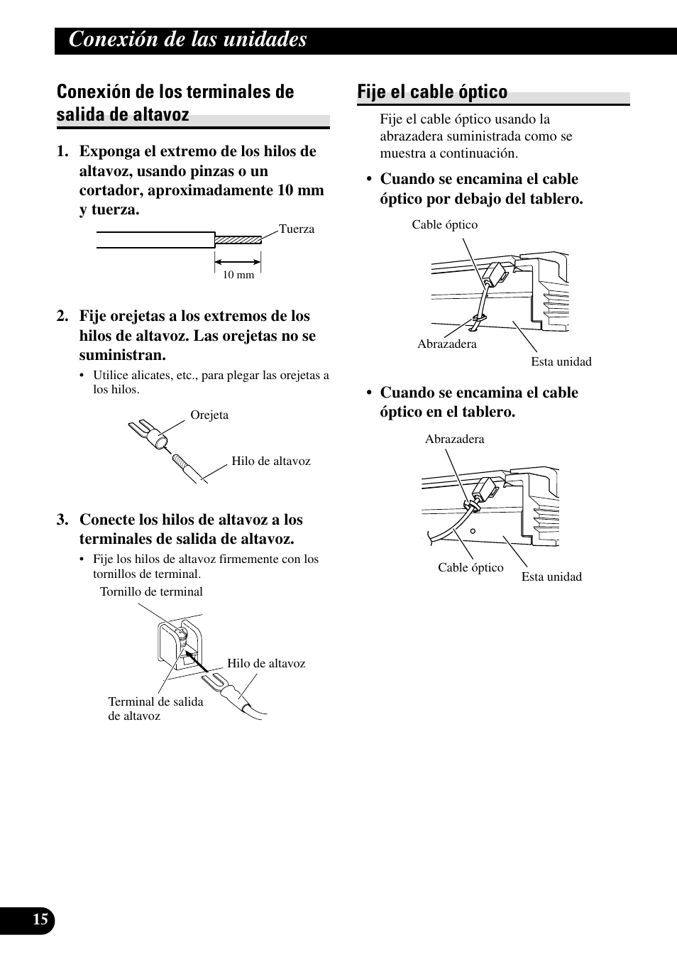 Conexión de los terminales de salida, De altavoz, Fije el cable óptico | Conexión de las unidades, Conexión de los terminales de salida de altavoz | Pioneer RS-A7 User Manual | Page 36 / 142