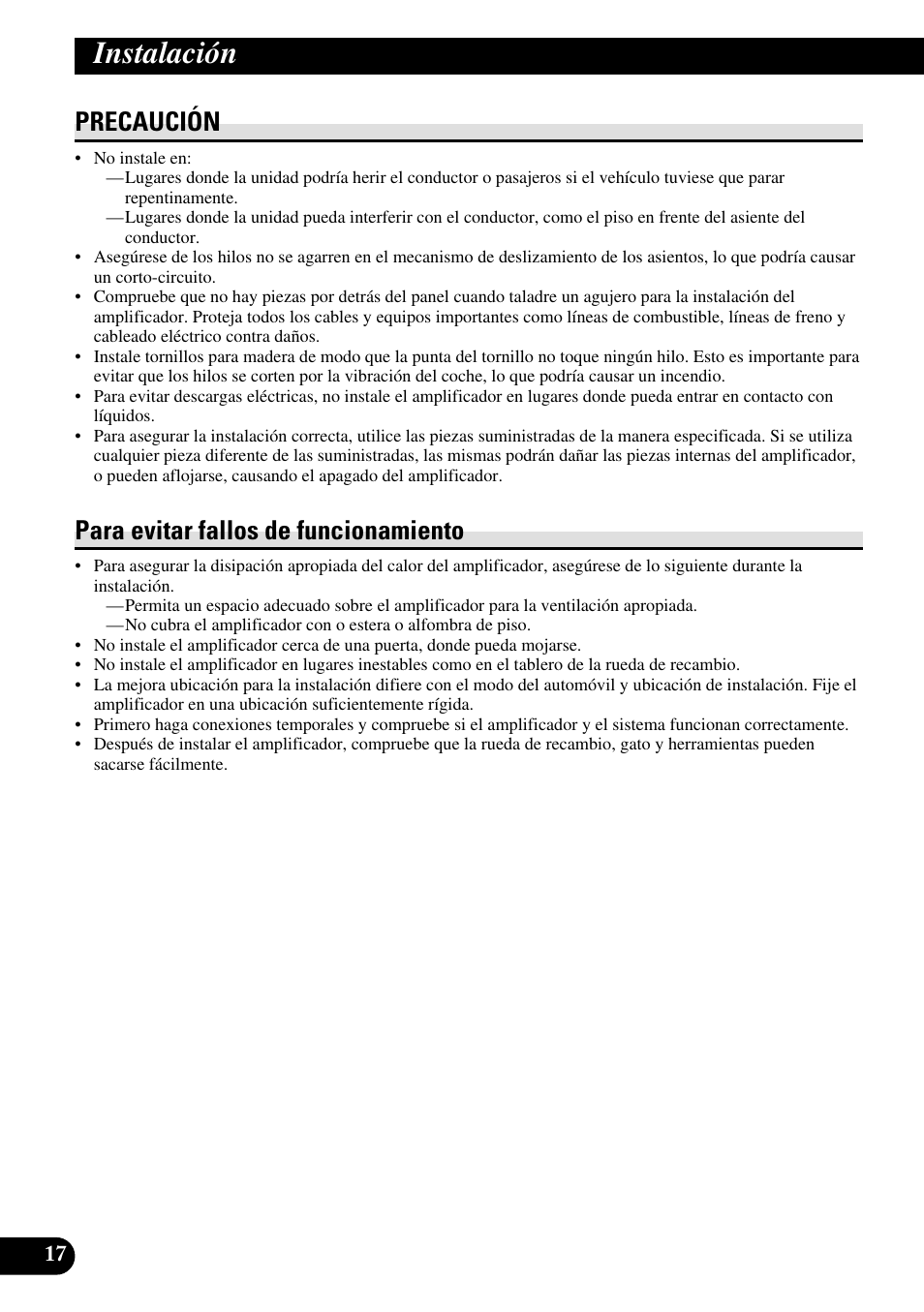 Instalación, Precaución para evitar fallos de funcionamiento, Precaución | Para evitar fallos de funcionamiento | Pioneer RS-A7 User Manual | Page 38 / 142