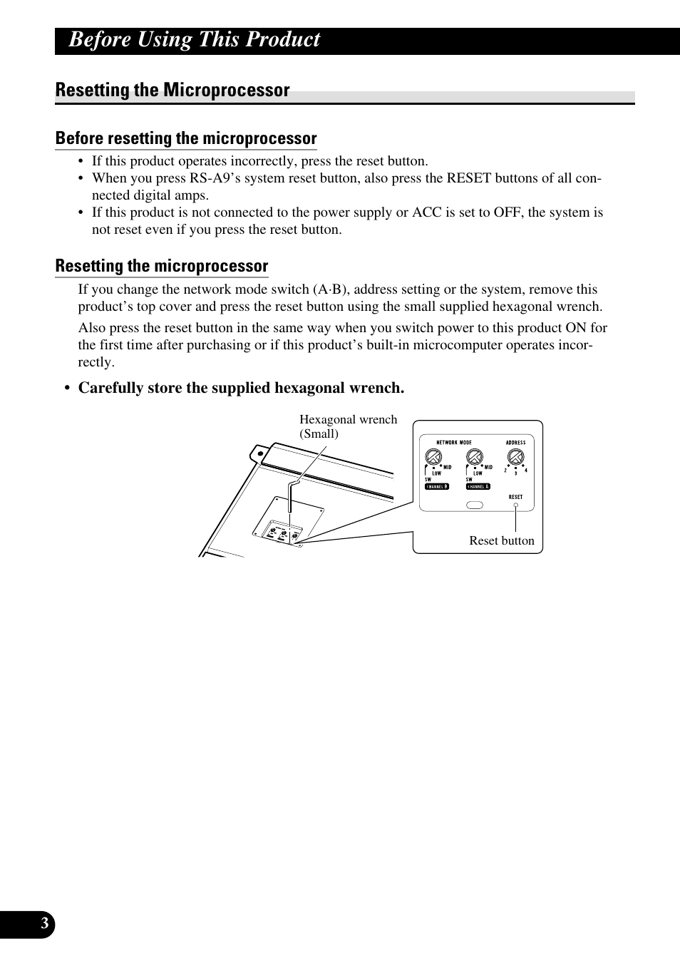 Resetting the microprocessor, Before resetting the microprocessor, Before using this product | Pioneer RS-A7 User Manual | Page 4 / 142