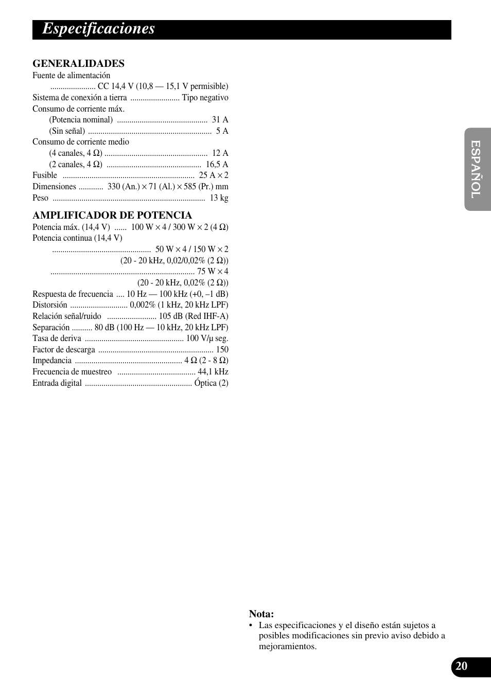 Especificaciones | Pioneer RS-A7 User Manual | Page 41 / 142