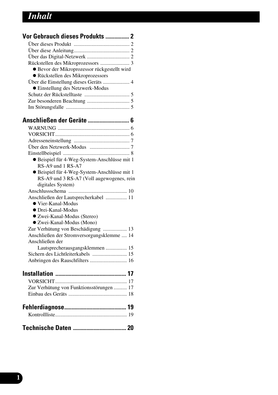 Deutsch, Inhalt, Vor gebrauch dieses produkts | Anschließen der geräte, Installation, Fehlerdiagnose, Technische daten | Pioneer RS-A7 User Manual | Page 42 / 142