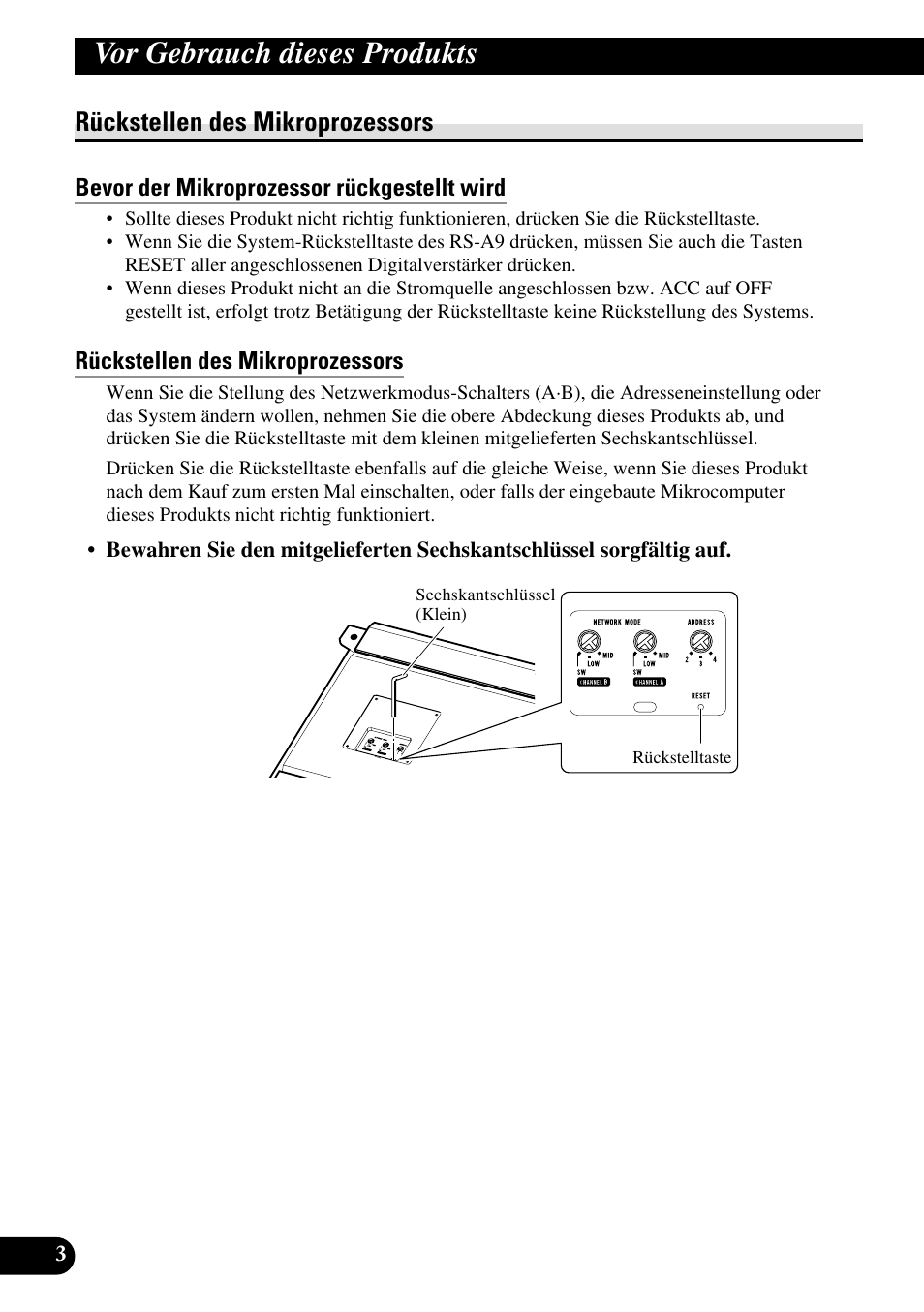 Rückstellen des mikroprozessors, Bevor der mikroprozessor rückgestellt wird, Vor gebrauch dieses produkts | Pioneer RS-A7 User Manual | Page 44 / 142