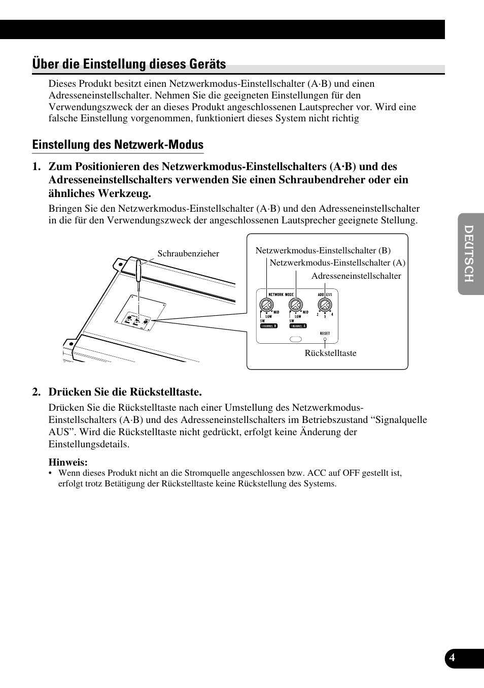 Über die einstellung dieses geräts, Einstellung des netzwerk-modus | Pioneer RS-A7 User Manual | Page 45 / 142