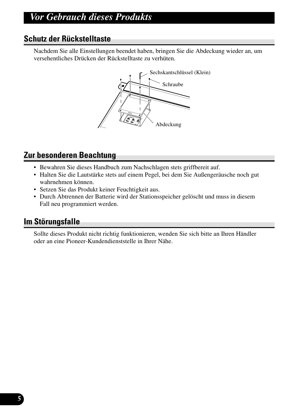 Vor gebrauch dieses produkts, Schutz der rückstelltaste, Zur besonderen beachtung | Im störungsfalle | Pioneer RS-A7 User Manual | Page 46 / 142