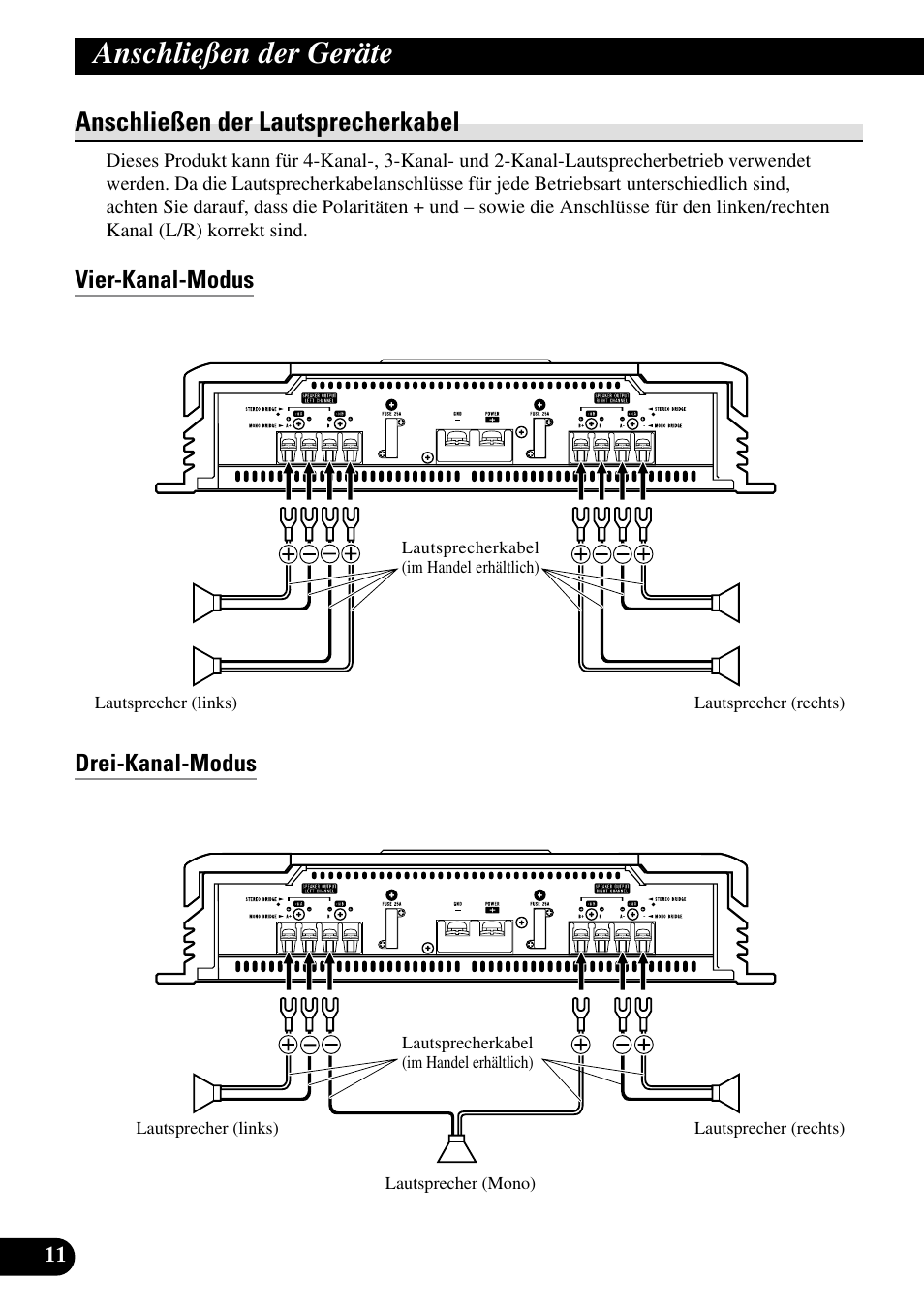 Anschließen der lautsprecherkabel, Vier-kanal-modus, Drei-kanal-modus | Anschließen der geräte, Vier-kanal-modus drei-kanal-modus | Pioneer RS-A7 User Manual | Page 52 / 142