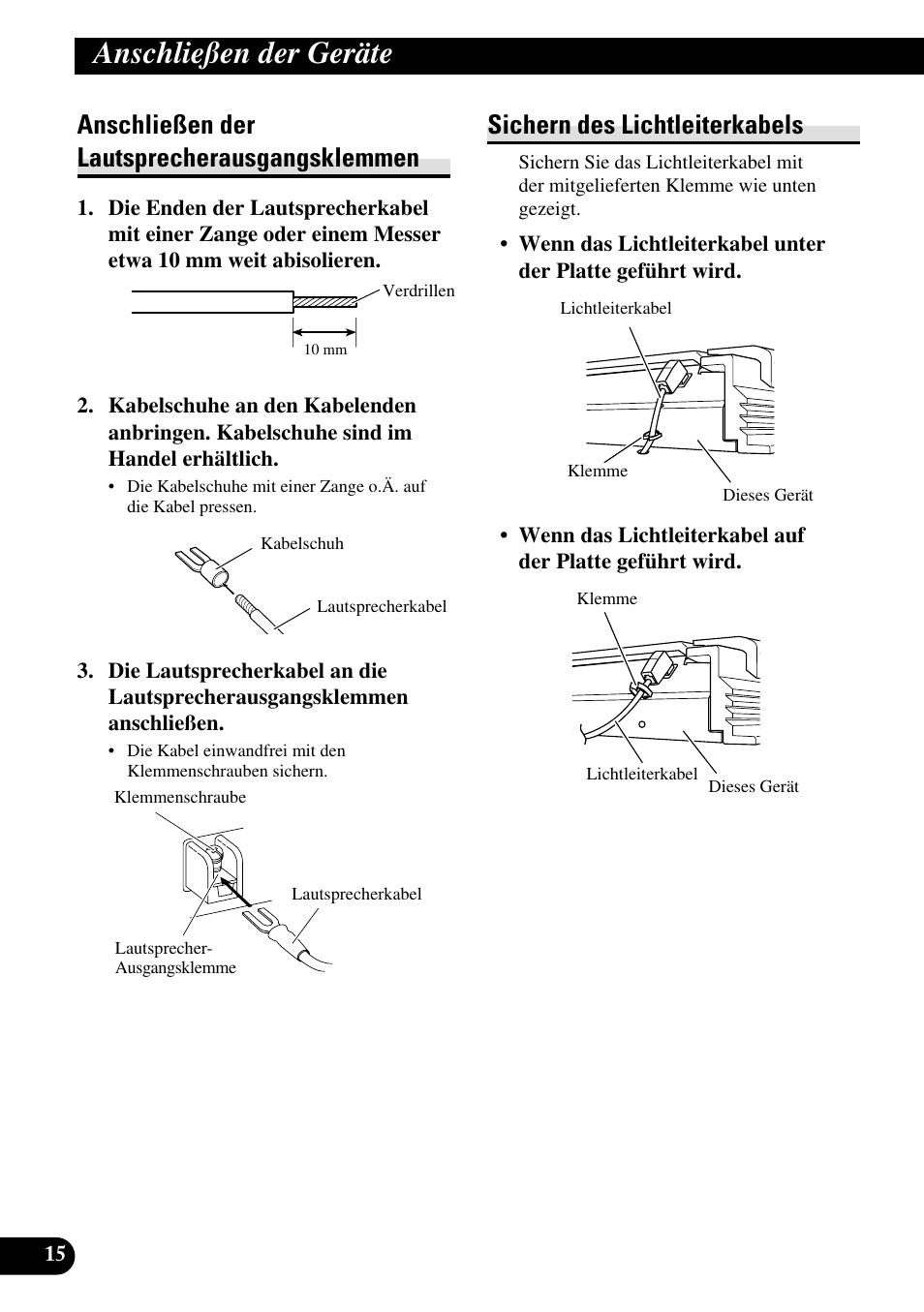 Anschließen der, Lautsprecherausgangsklemmen, Sichern des lichtleiterkabels | Anschließen der geräte, Anschließen der lautsprecherausgangsklemmen | Pioneer RS-A7 User Manual | Page 56 / 142