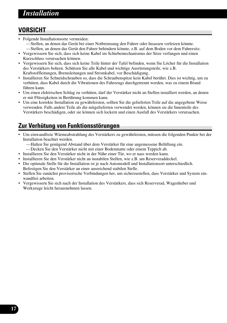 Installation, Vorsicht zur verhütung von funktionsstörungen, Vorsicht | Zur verhütung von funktionsstörungen | Pioneer RS-A7 User Manual | Page 58 / 142