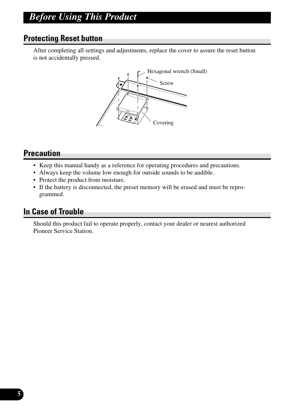 Before using this product, Protecting reset button, Precaution | Pioneer RS-A7 User Manual | Page 6 / 142