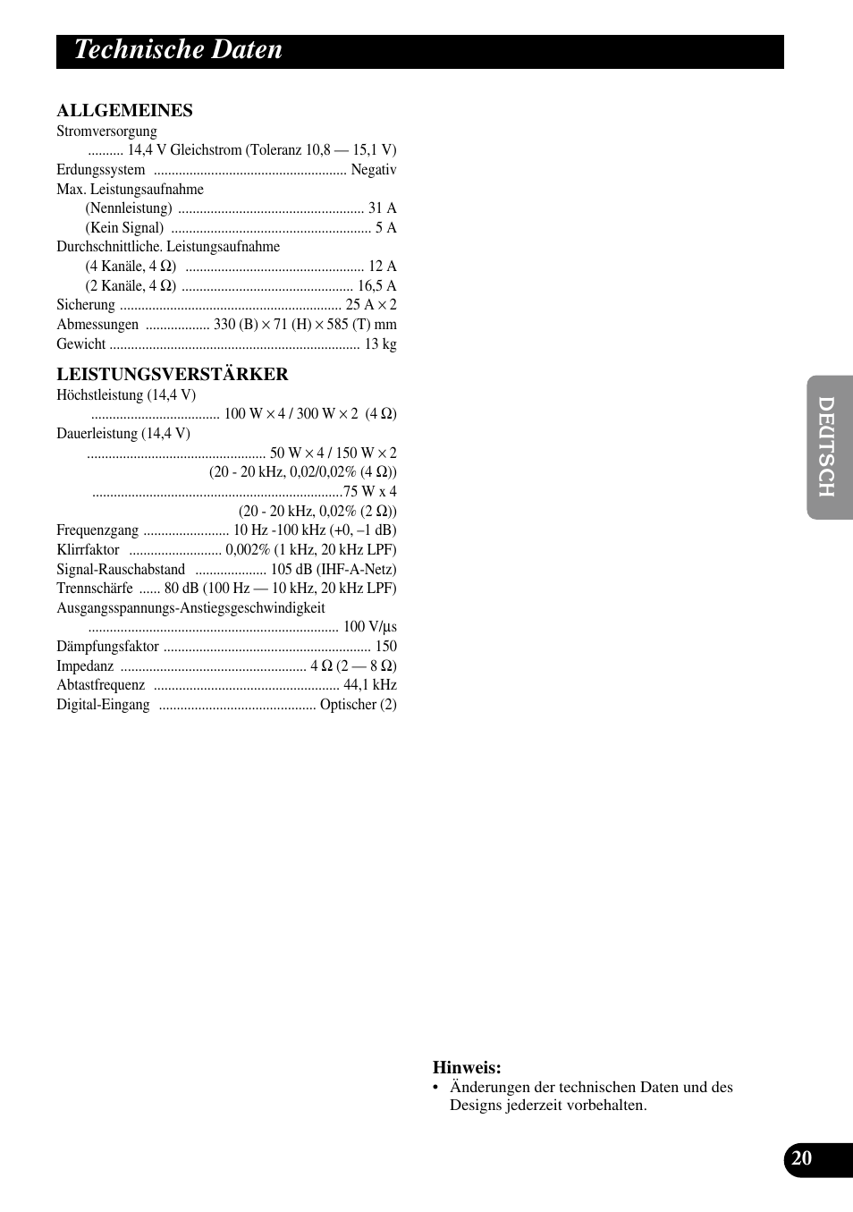 Technische daten | Pioneer RS-A7 User Manual | Page 61 / 142