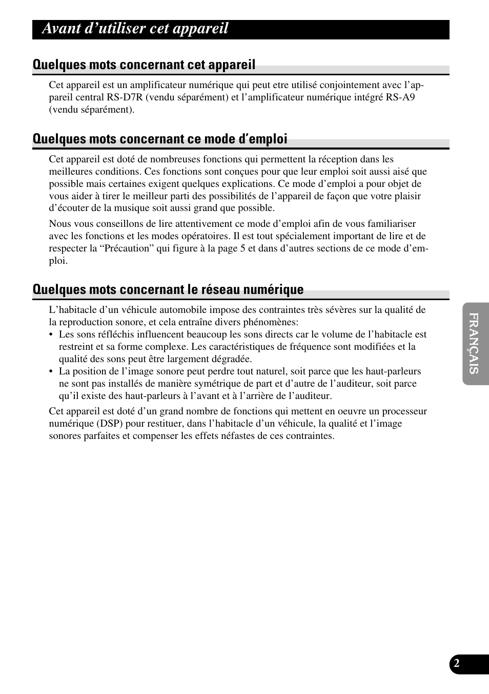 Avant d’utiliser cet appareil, D’emploi, Quelques mots concernant le réseau | Numérique, Quelques mots concernant cet appareil, Quelques mots concernant ce mode d’emploi, Quelques mots concernant le réseau numérique | Pioneer RS-A7 User Manual | Page 63 / 142