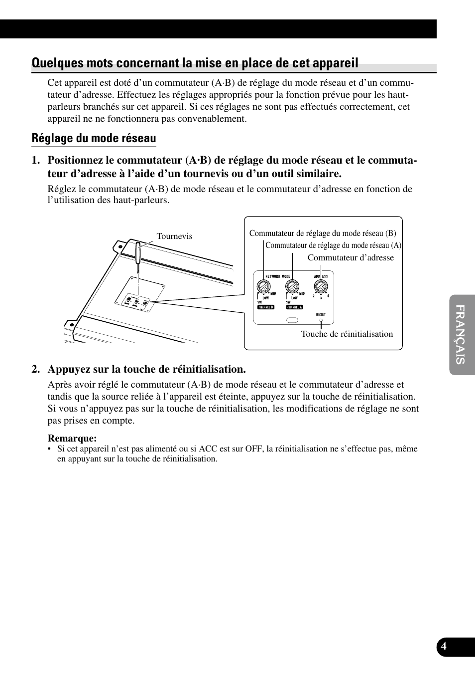 Quelques mots concernant la mise en place, De cet appareil, Réglage du mode réseau | Pioneer RS-A7 User Manual | Page 65 / 142