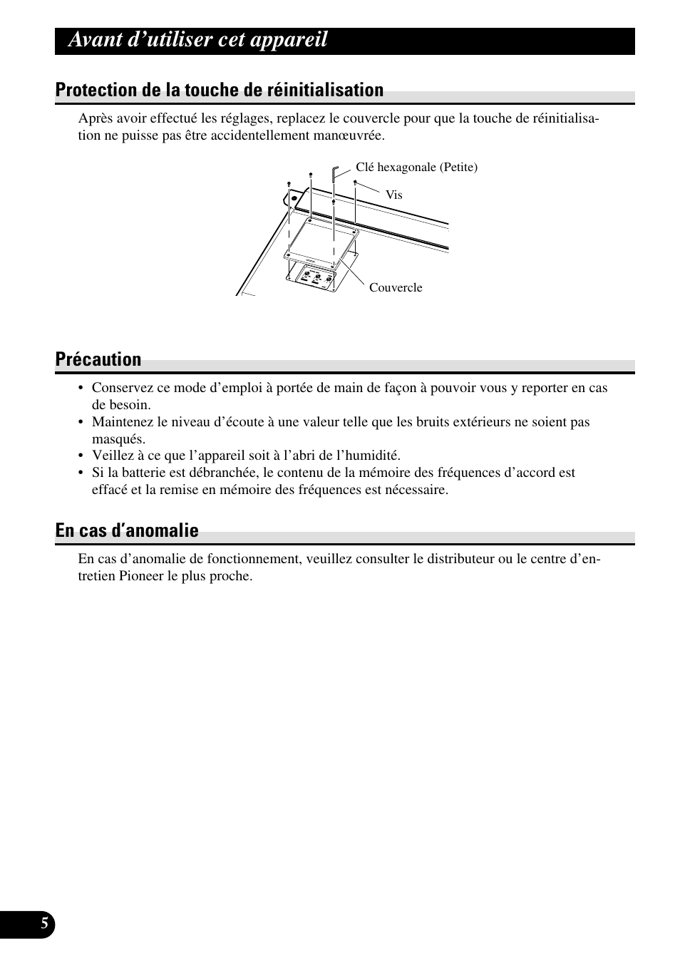 Avant d’utiliser cet appareil, Protection de la touche de réinitialisation, Précaution | En cas d’anomalie | Pioneer RS-A7 User Manual | Page 66 / 142