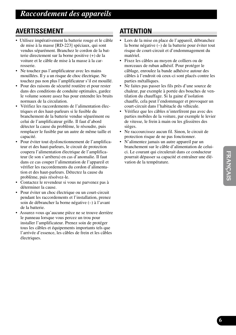 Raccordement des appareils, Avertissement attention, Avertissement | Attention | Pioneer RS-A7 User Manual | Page 67 / 142