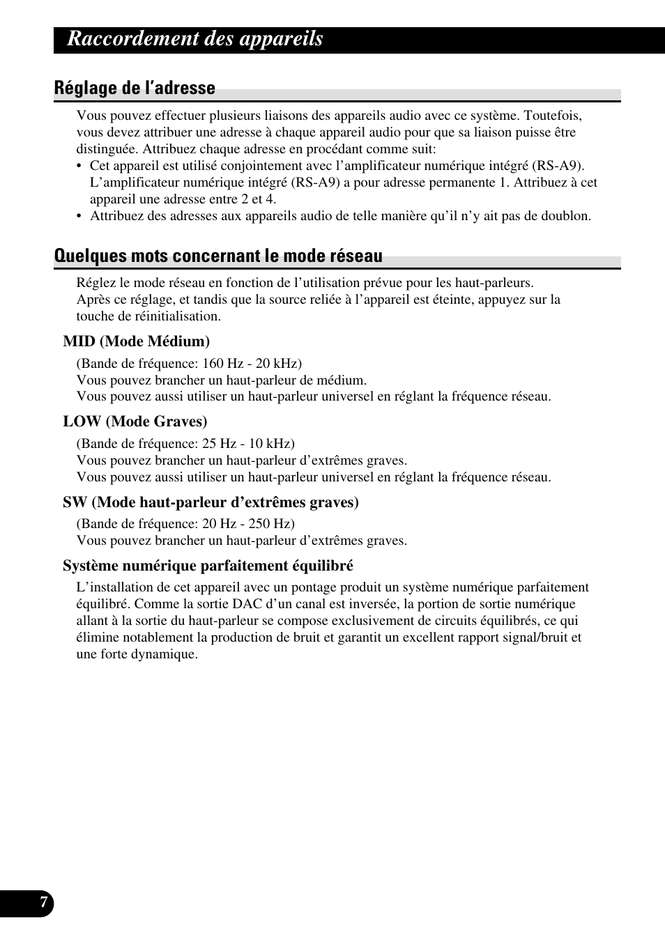 Raccordement des appareils, Réglage de l’adresse, Quelques mots concernant le mode réseau | Pioneer RS-A7 User Manual | Page 68 / 142