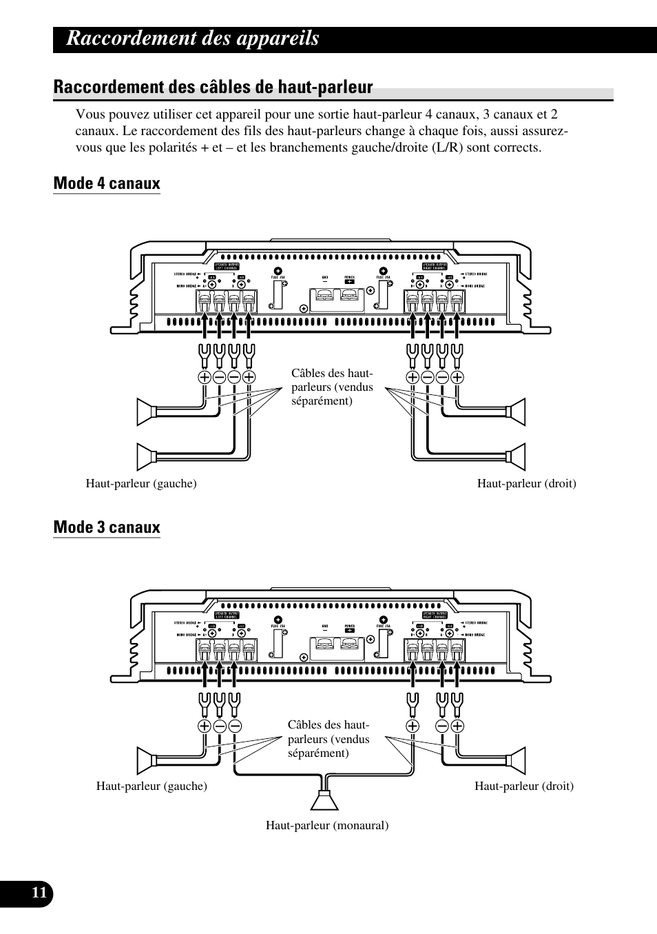 Raccordement des câbles de haut-parleur, Mode 4 canaux, Mode 3 canaux | Raccordement des appareils, Mode 4 canaux mode 3 canaux | Pioneer RS-A7 User Manual | Page 72 / 142