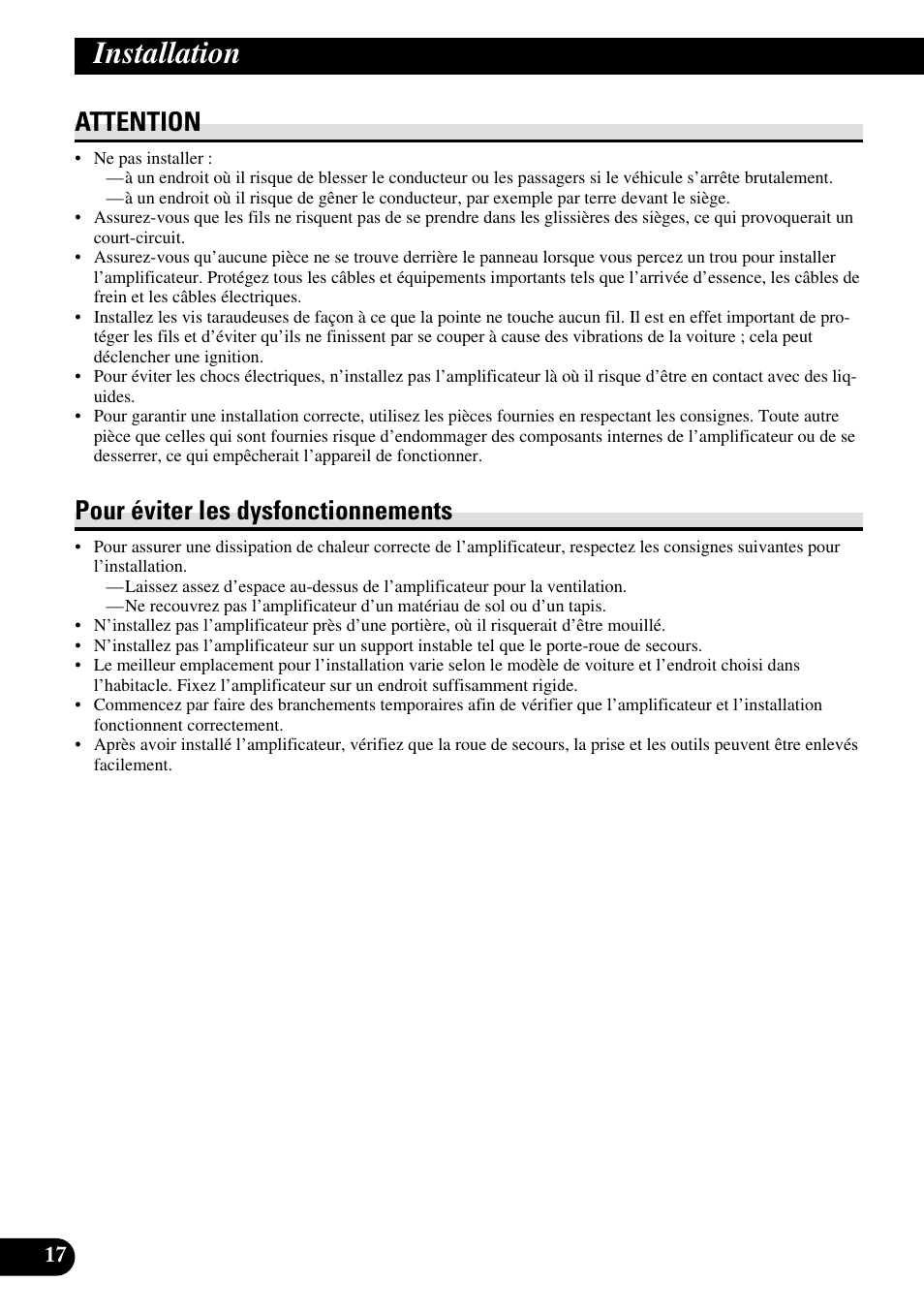 Installation, Attention pour éviter les dysfonctionnements, Attention | Pour éviter les dysfonctionnements | Pioneer RS-A7 User Manual | Page 78 / 142