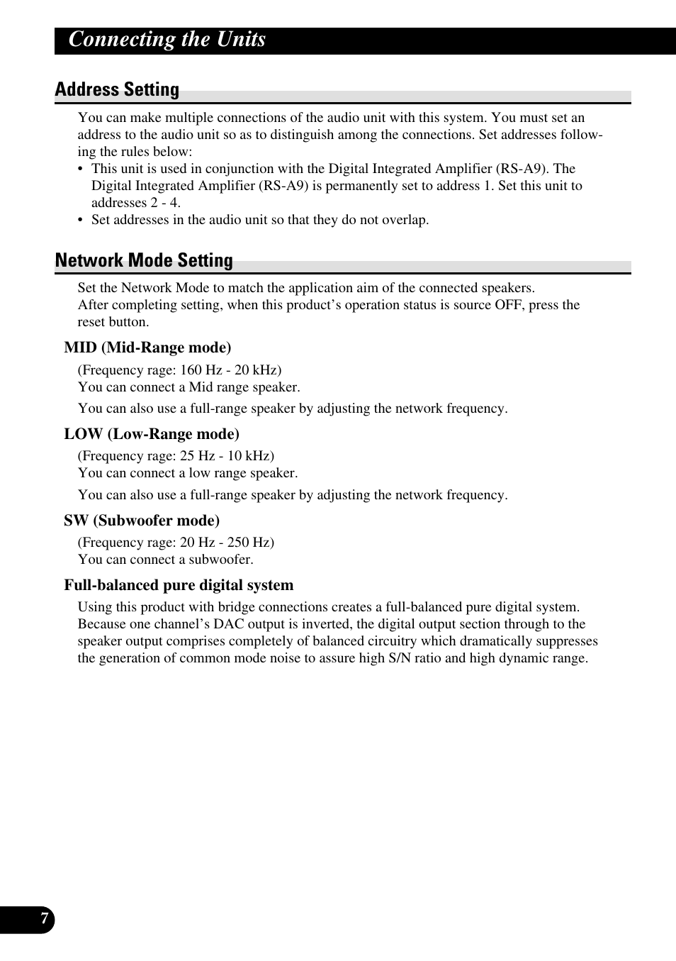 Address setting network mode setting, Connecting the units, Address setting | Network mode setting | Pioneer RS-A7 User Manual | Page 8 / 142