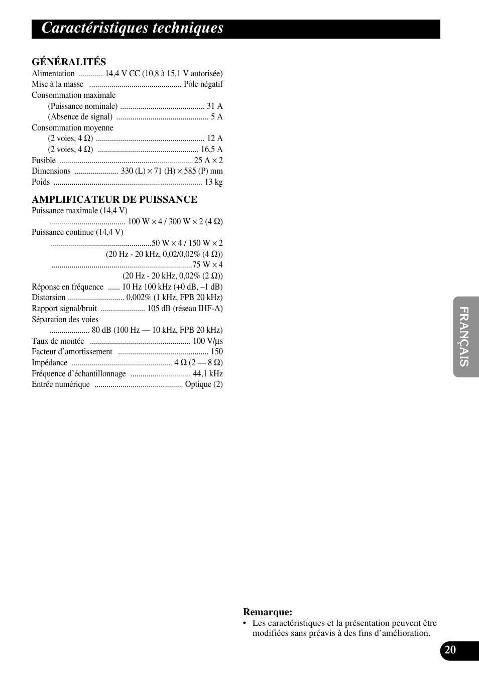 Caractéristiques techniques | Pioneer RS-A7 User Manual | Page 81 / 142