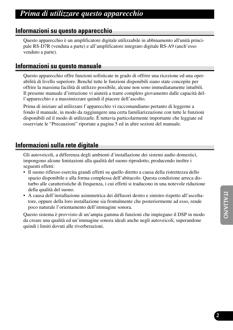 Prima di utilizzare questo apparecchio, Informazioni su questo apparecchio, Informazioni su questo manuale | Informazioni sulla rete digitale | Pioneer RS-A7 User Manual | Page 83 / 142