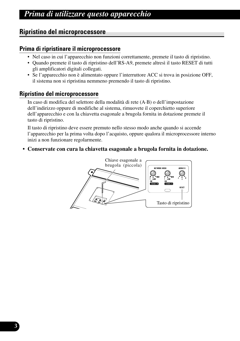 Ripristino del microprocessore, Prima di ripristinare il microprocessore, Prima di utilizzare questo apparecchio | Pioneer RS-A7 User Manual | Page 84 / 142