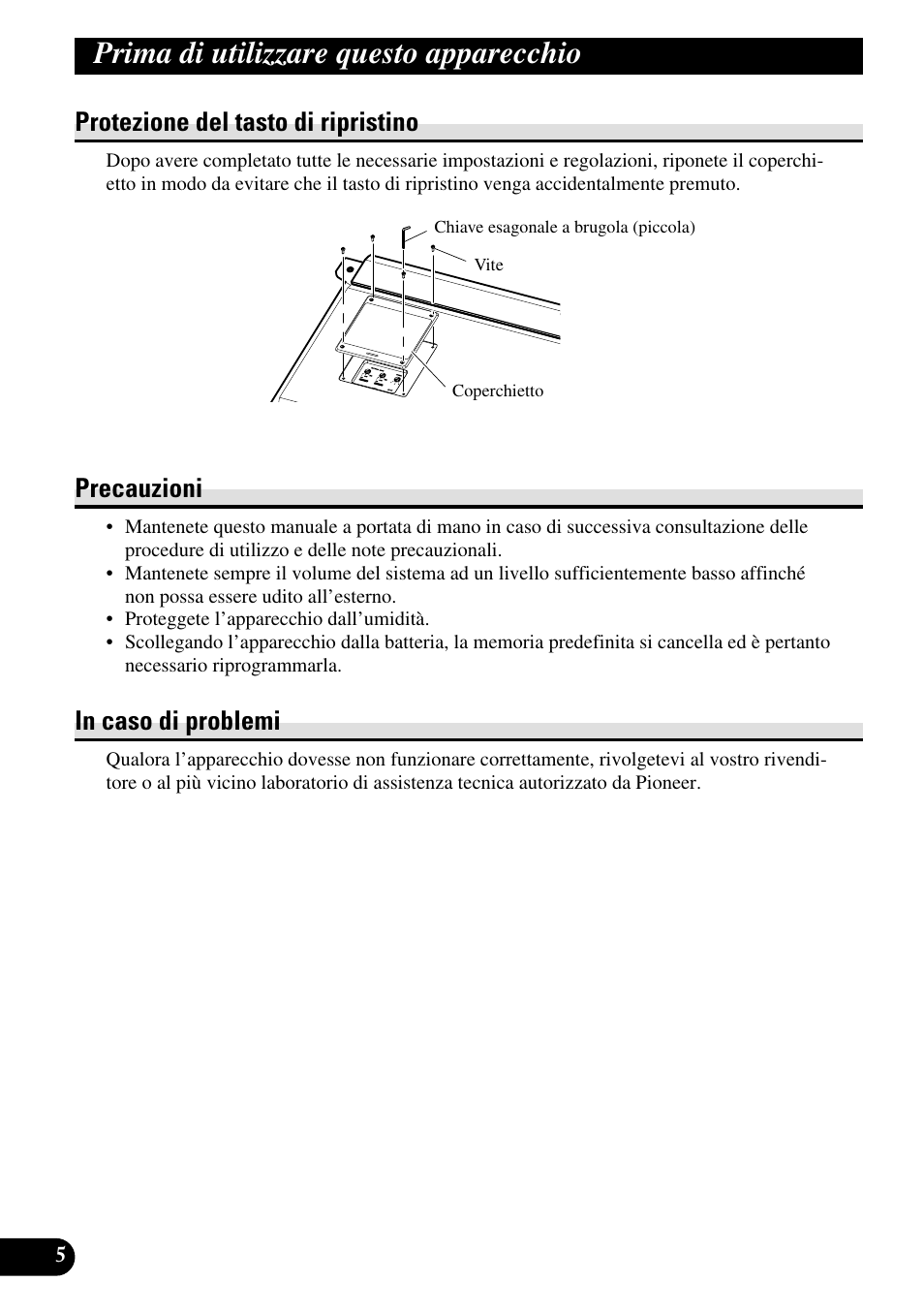 Prima di utilizzare questo apparecchio, Protezione del tasto di ripristino, Precauzioni | Pioneer RS-A7 User Manual | Page 86 / 142