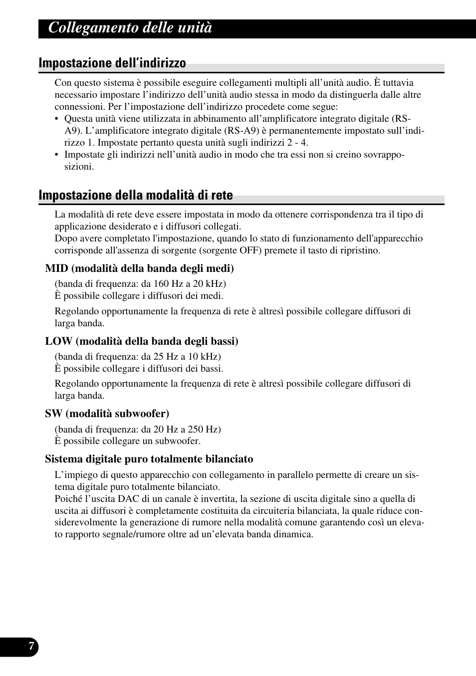 Collegamento delle unità, Impostazione dell’indirizzo, Impostazione della modalità di rete | Pioneer RS-A7 User Manual | Page 88 / 142
