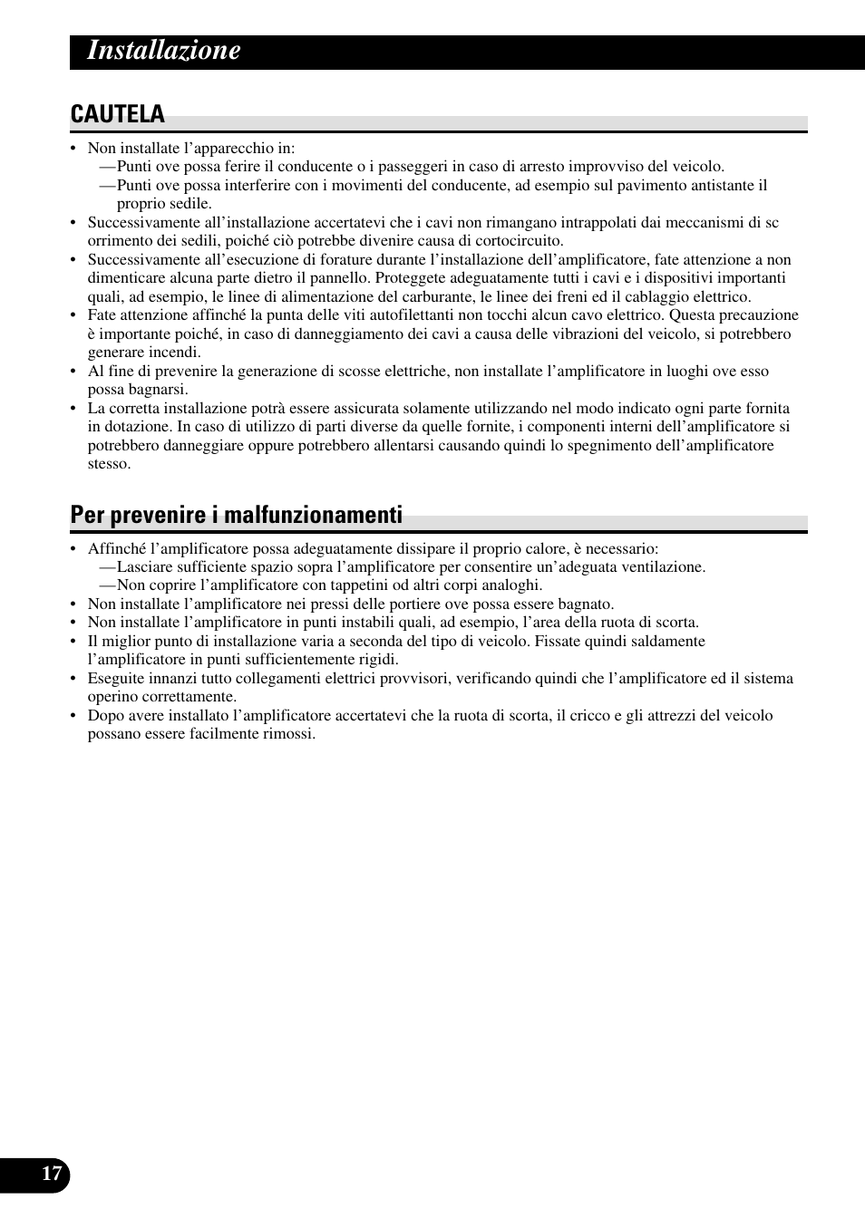 Installazione, Cautela per prevenire i malfunzionamenti, Cautela | Per prevenire i malfunzionamenti | Pioneer RS-A7 User Manual | Page 98 / 142