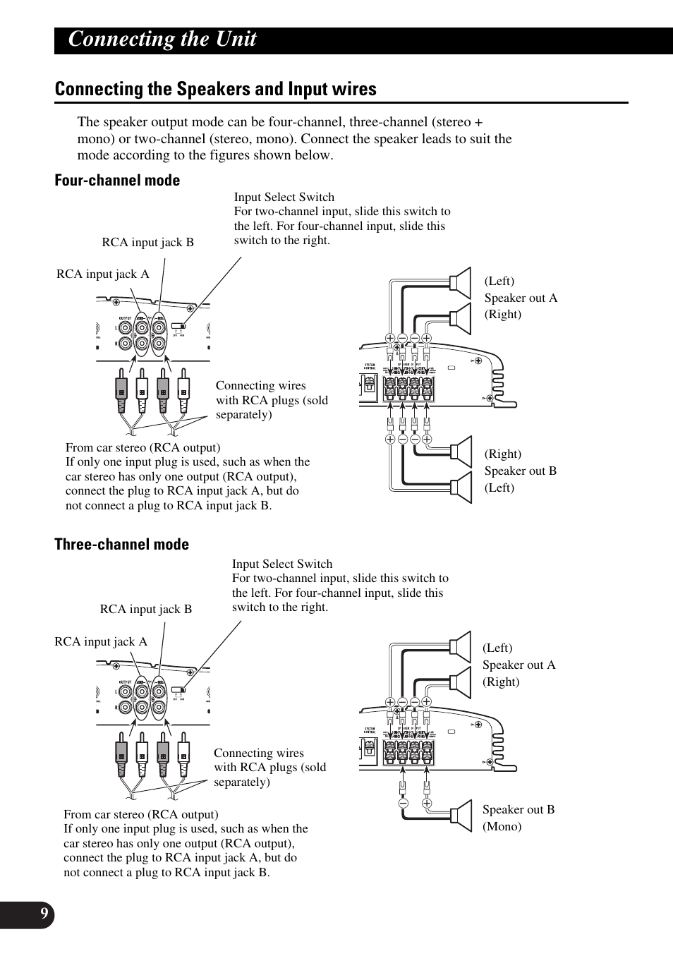 Connecting the speakers and input wires, Connecting the unit, Four-channel mode three-channel mode | Pioneer GM-X554 User Manual | Page 10 / 76