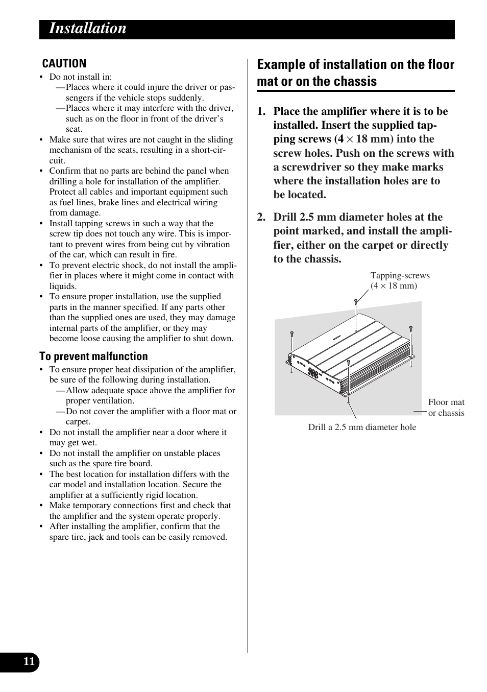 Installation, Example of installation on the floor mat, Or on the chassis | Pioneer GM-X554 User Manual | Page 12 / 76