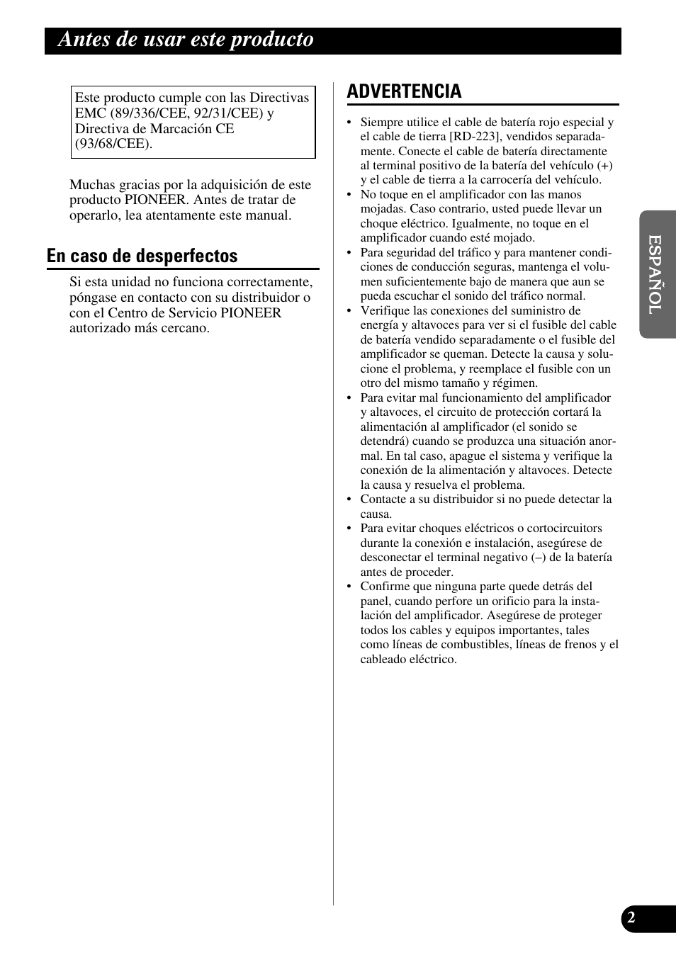 Antes de usar este producto, En caso de desperfectos advertencia, En caso de desperfectos | Advertencia | Pioneer GM-X554 User Manual | Page 15 / 76