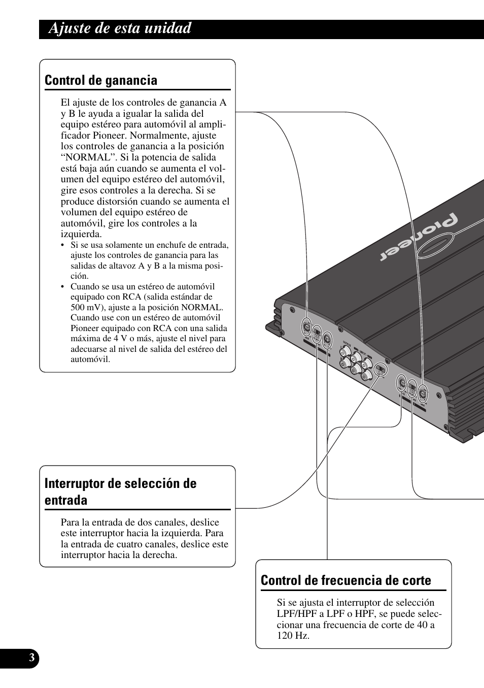 Ajuste de esta unidad, Control de ganancia, Control de frecuencia de corte | Interruptor de selección de entrada | Pioneer GM-X554 User Manual | Page 16 / 76