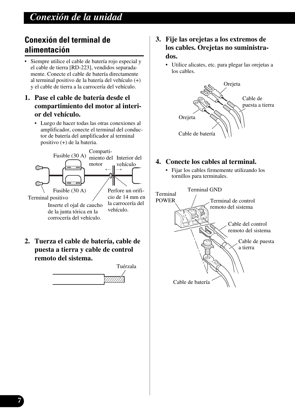 Conexión del terminal de alimentación, Conexión de la unidad | Pioneer GM-X554 User Manual | Page 20 / 76