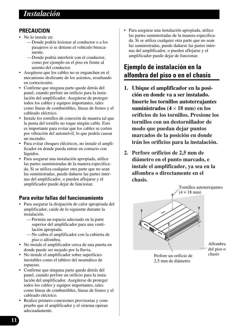 Instalación, Ejemplo de instalación en la alfombra del, Piso o en el chasis | Pioneer GM-X554 User Manual | Page 24 / 76