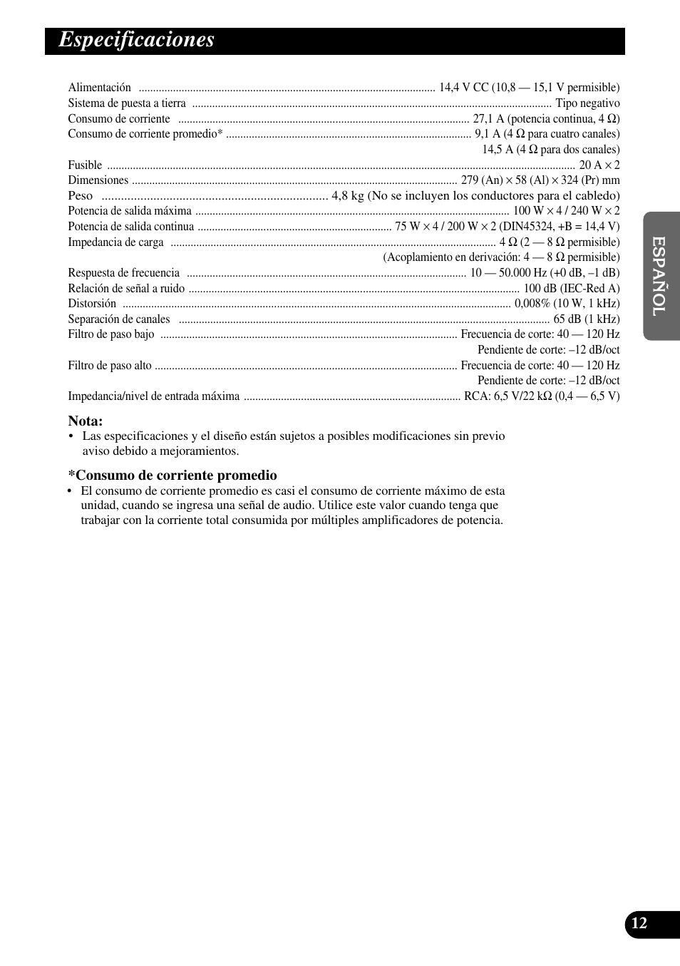 Especificaciones | Pioneer GM-X554 User Manual | Page 25 / 76