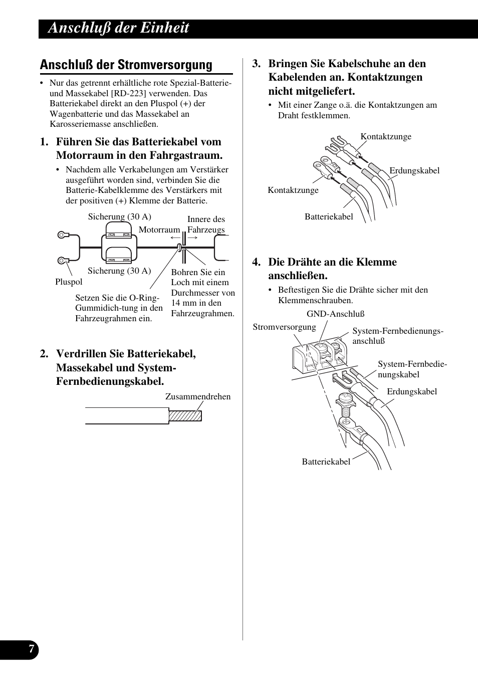 Anschluß der stromversorgung, Anschluß der einheit | Pioneer GM-X554 User Manual | Page 32 / 76