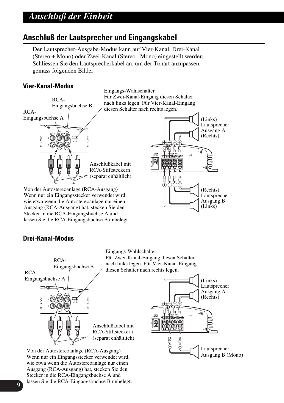 Anschluß der lautsprecher und, Eingangskabel, Anschluß der einheit | Anschluß der lautsprecher und eingangskabel, Vier-kanal-modus drei-kanal-modus | Pioneer GM-X554 User Manual | Page 34 / 76