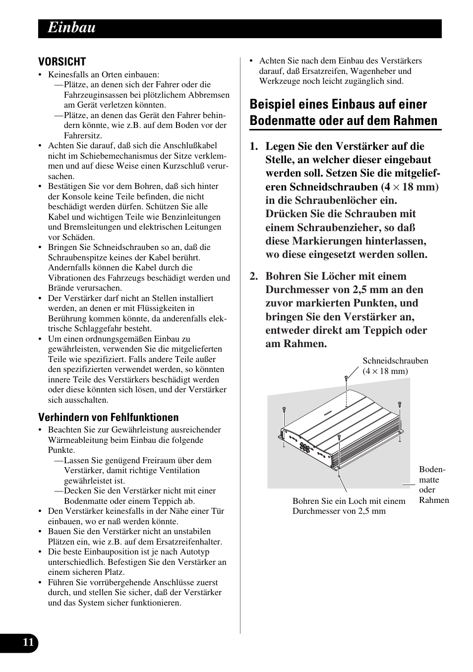 Einbau, Beispiel eines einbaus auf einer bodenmatte, Oder auf dem rahmen | Pioneer GM-X554 User Manual | Page 36 / 76