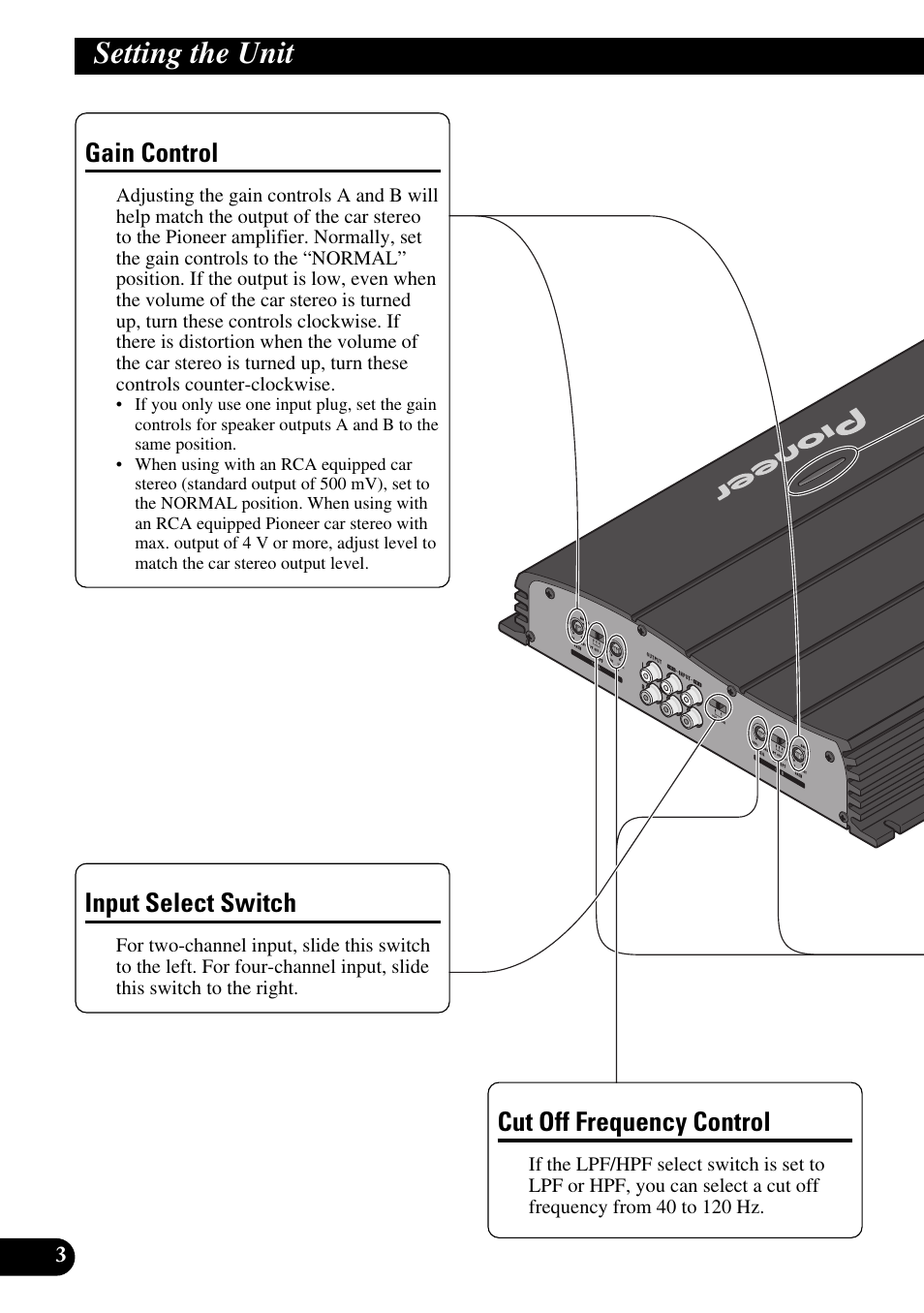 Setting the unit, Gain control, Cut off frequency control | Input select switch | Pioneer GM-X554 User Manual | Page 4 / 76