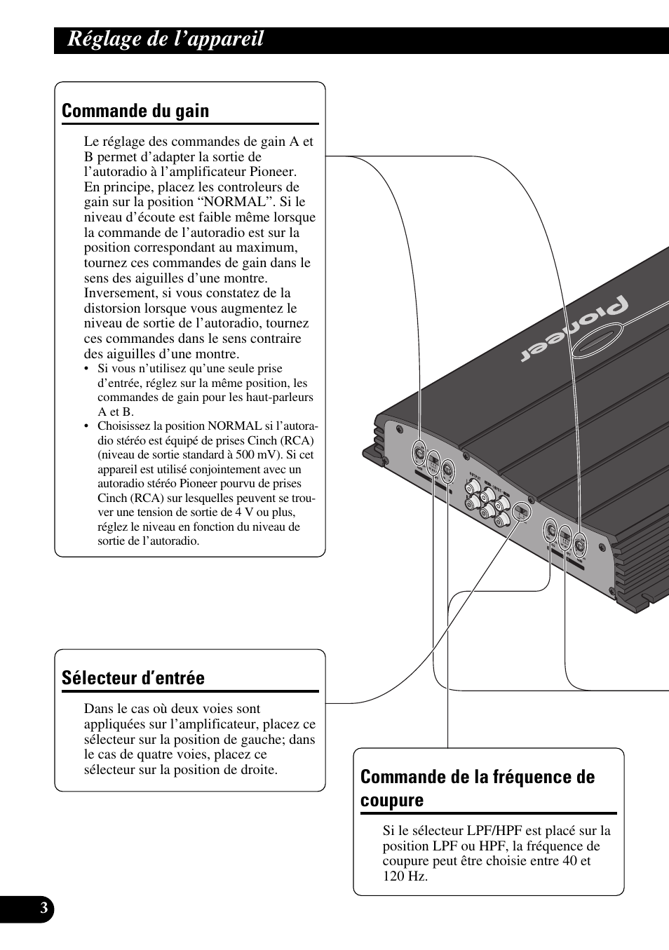 Réglage de l’appareil, Commande du gain, Sélecteur d’entrée | Commande de la fréquence de coupure | Pioneer GM-X554 User Manual | Page 40 / 76