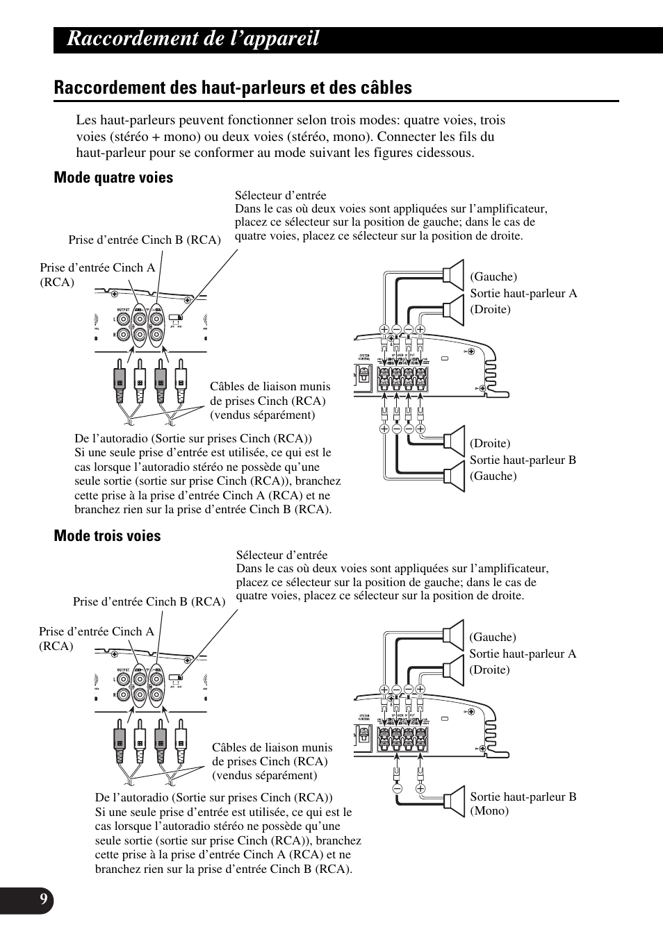 Raccordement des haut-parleurs et des, Câbles, Raccordement de l’appareil | Raccordement des haut-parleurs et des câbles, Mode quatre voies mode trois voies | Pioneer GM-X554 User Manual | Page 46 / 76