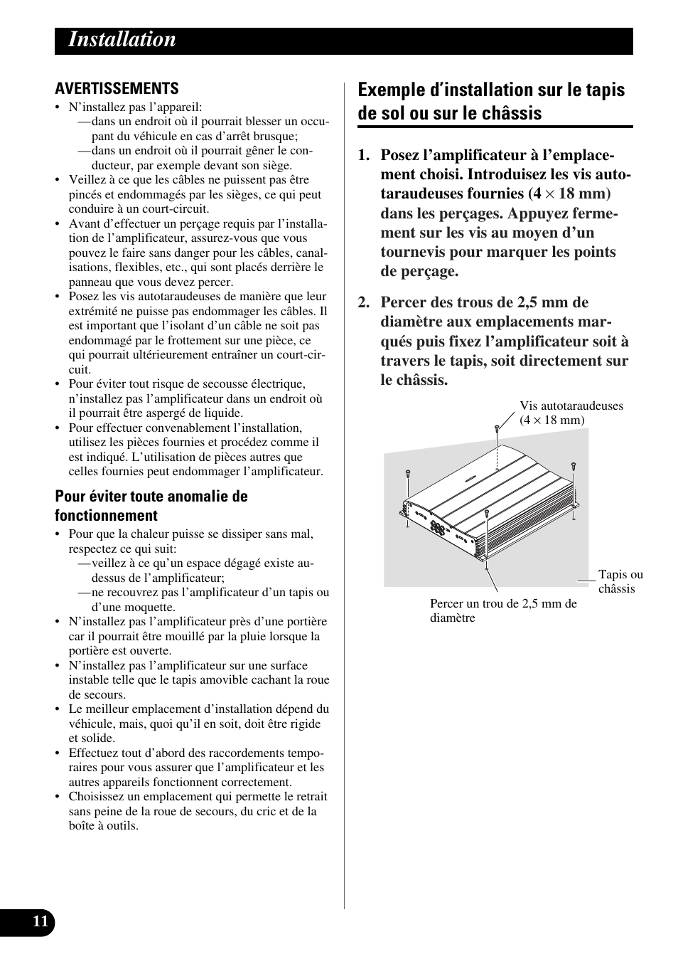 Installation, Exemple d’installation sur le tapis de sol ou, Sur le châssis | Pioneer GM-X554 User Manual | Page 48 / 76