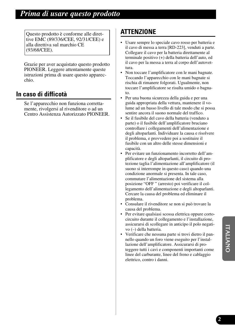 Prima di usare questo prodotto, In caso di difficotà attenzione, Attenzione | Pioneer GM-X554 User Manual | Page 51 / 76