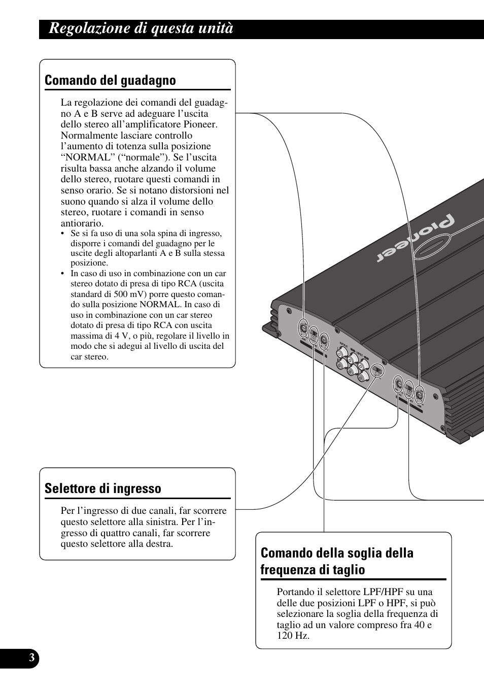 Regolazione di questa unità, Di taglio, Comando del guadagno | Selettore di ingresso, Comando della soglia della frequenza di taglio | Pioneer GM-X554 User Manual | Page 52 / 76