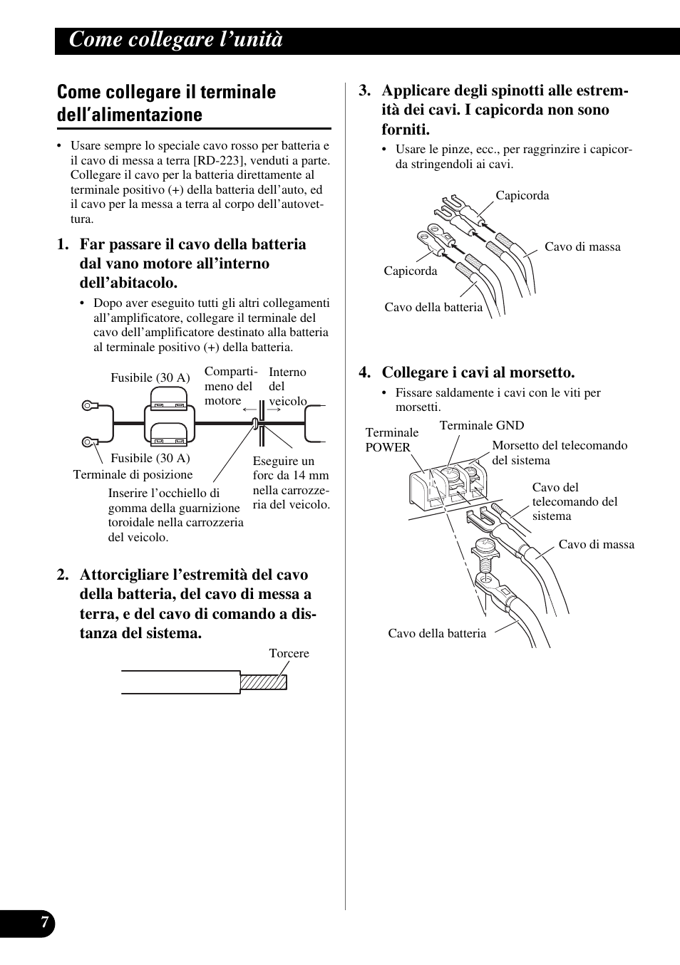Come collegare il terminale, Dell’alimentazione, Come collegare l’unità | Come collegare il terminale dell’alimentazione | Pioneer GM-X554 User Manual | Page 56 / 76
