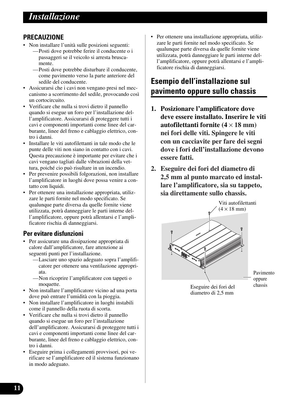 Installazione, Esempio dell’installazione sul pavimento, Oppure sullo chassis | Pioneer GM-X554 User Manual | Page 60 / 76